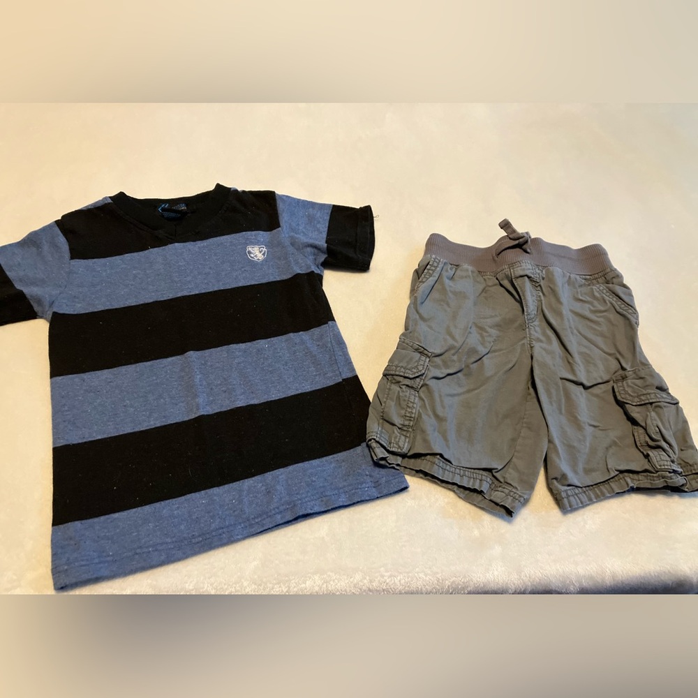Blue and Black Striped Kids Shirt and Gray Shorts